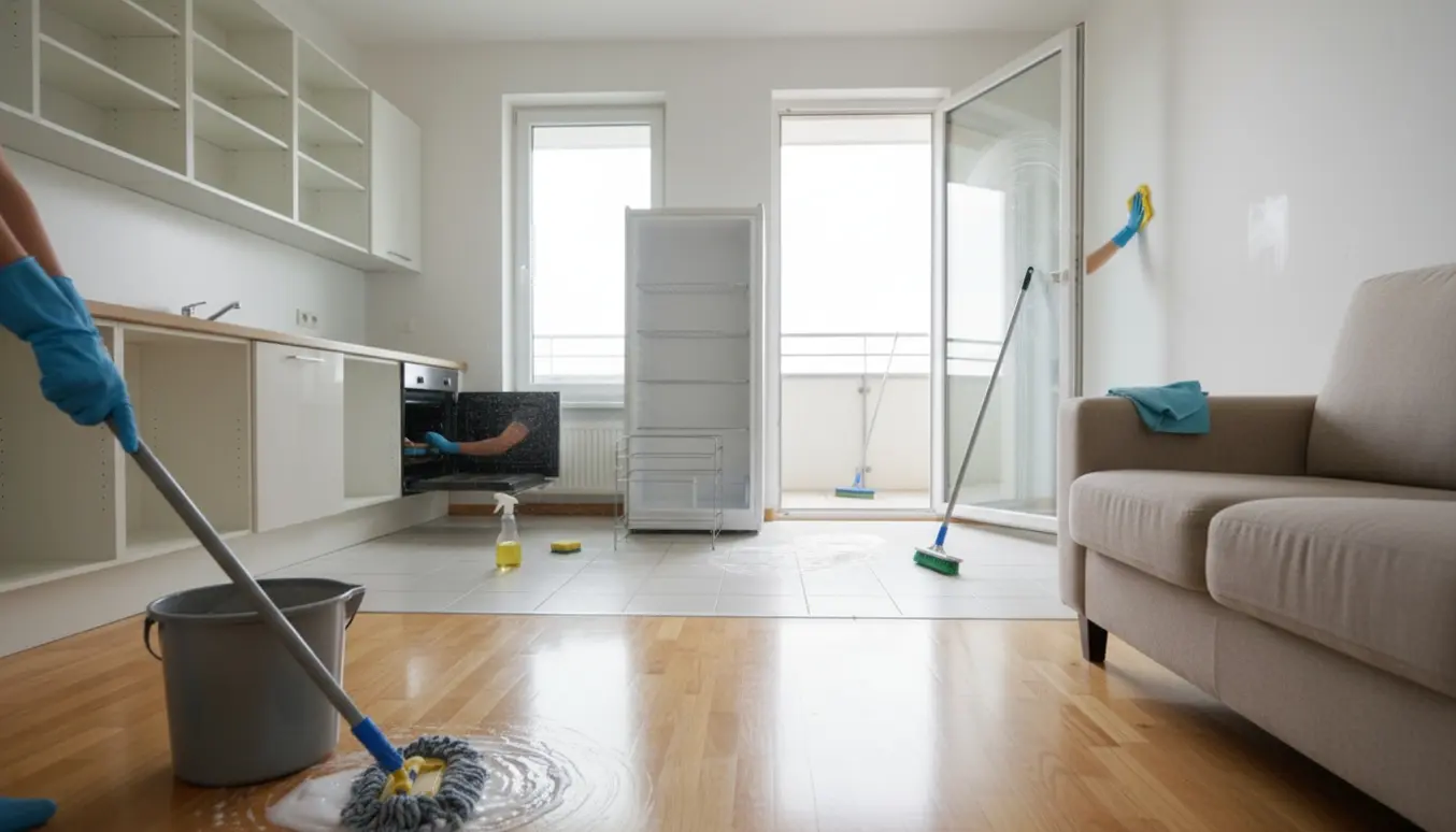 Næsten tom lejlighed midt i grundig udflytningsrengøring med spand, moppe, åben ovn og tomt køleskab.