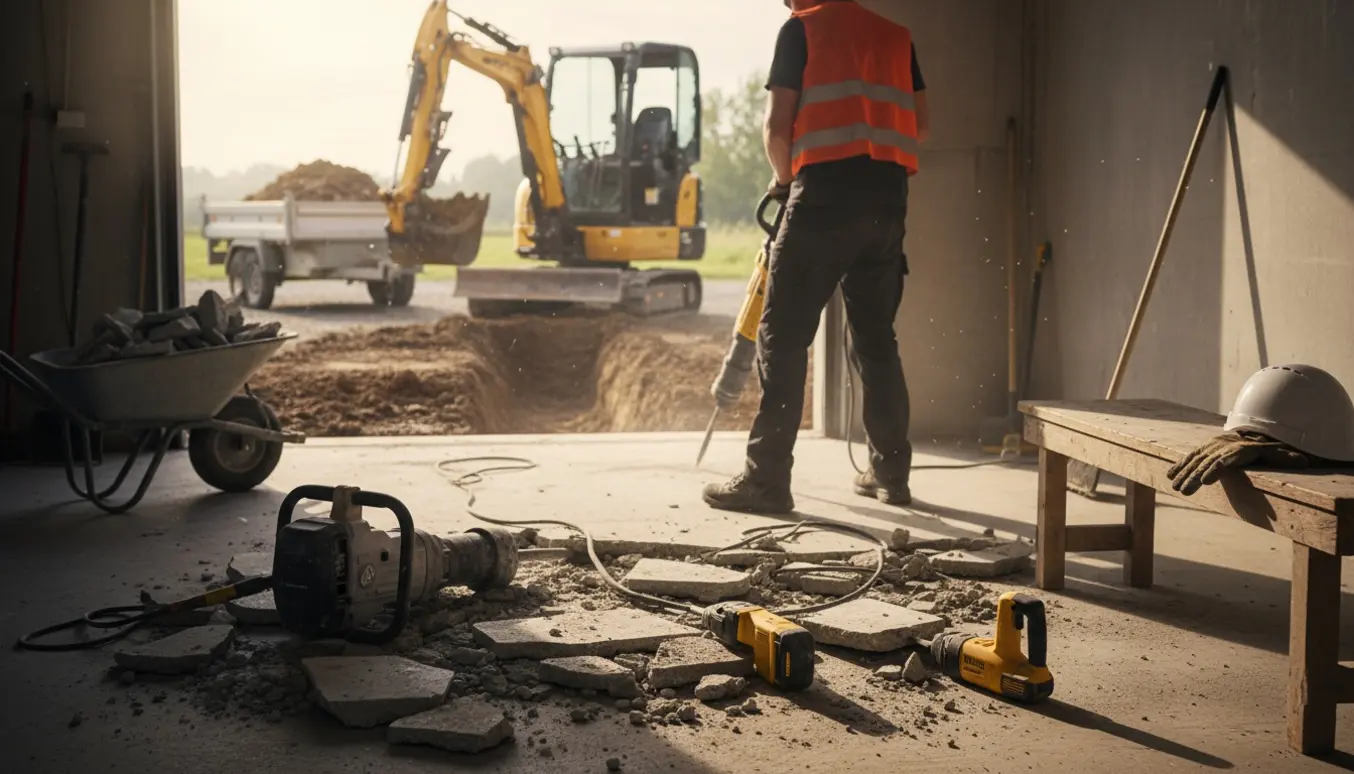 Opbrydning af betongulv og udgravning med jackhammer og minigraver, betonbunker og jord i en garageåbning.