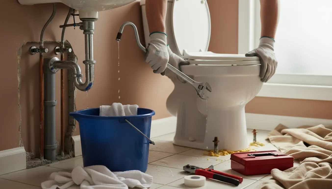 Hænder afmonterer vask og toilet i et badeværelse under renovering med eksponerede rør og værktøj.