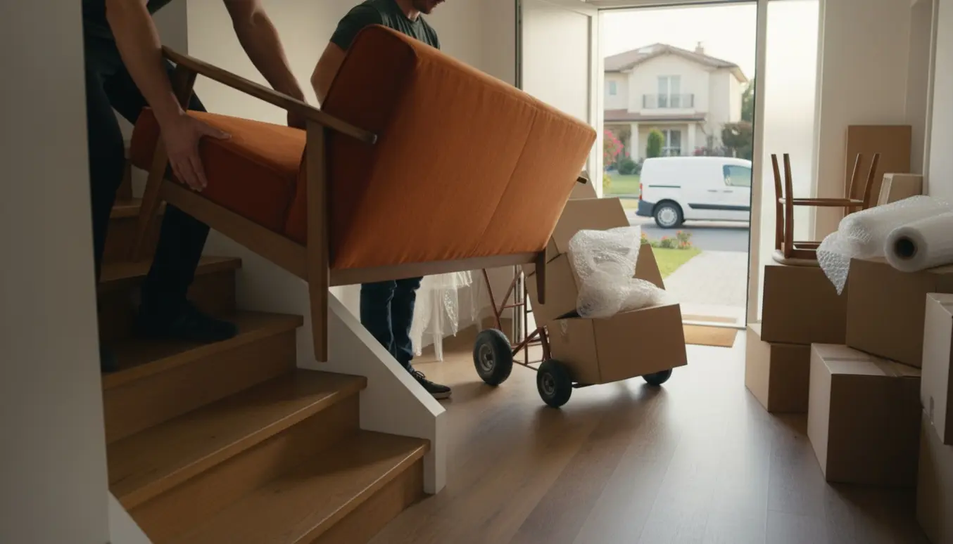 Flyttefolk bærer en sofa ned ad trappen mod en varebil uden for en villa.