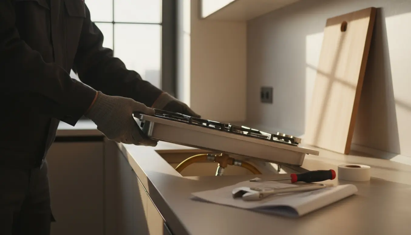 VVS-tekniker løfter et gaskomfur ud af en køkkenåbning med synligt gasrør og værktøj.