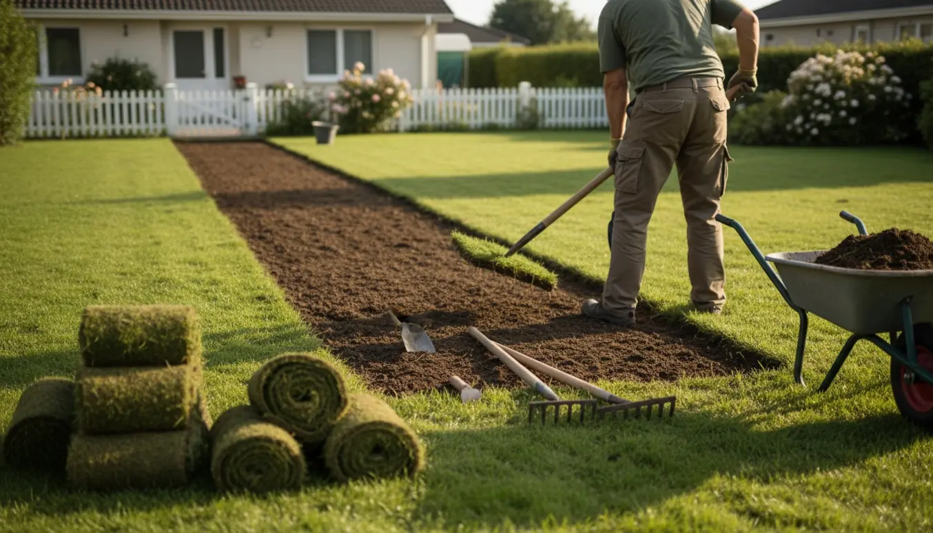 Afrevet græsplæne med stablede græstørv og eksponeret jord klar til etablering af staudebed.