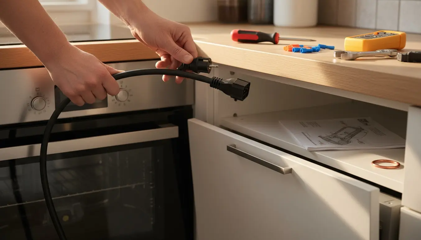 Hænder holder uforenelige stik ved komfur og opvaskemaskine i et lyst køkken.