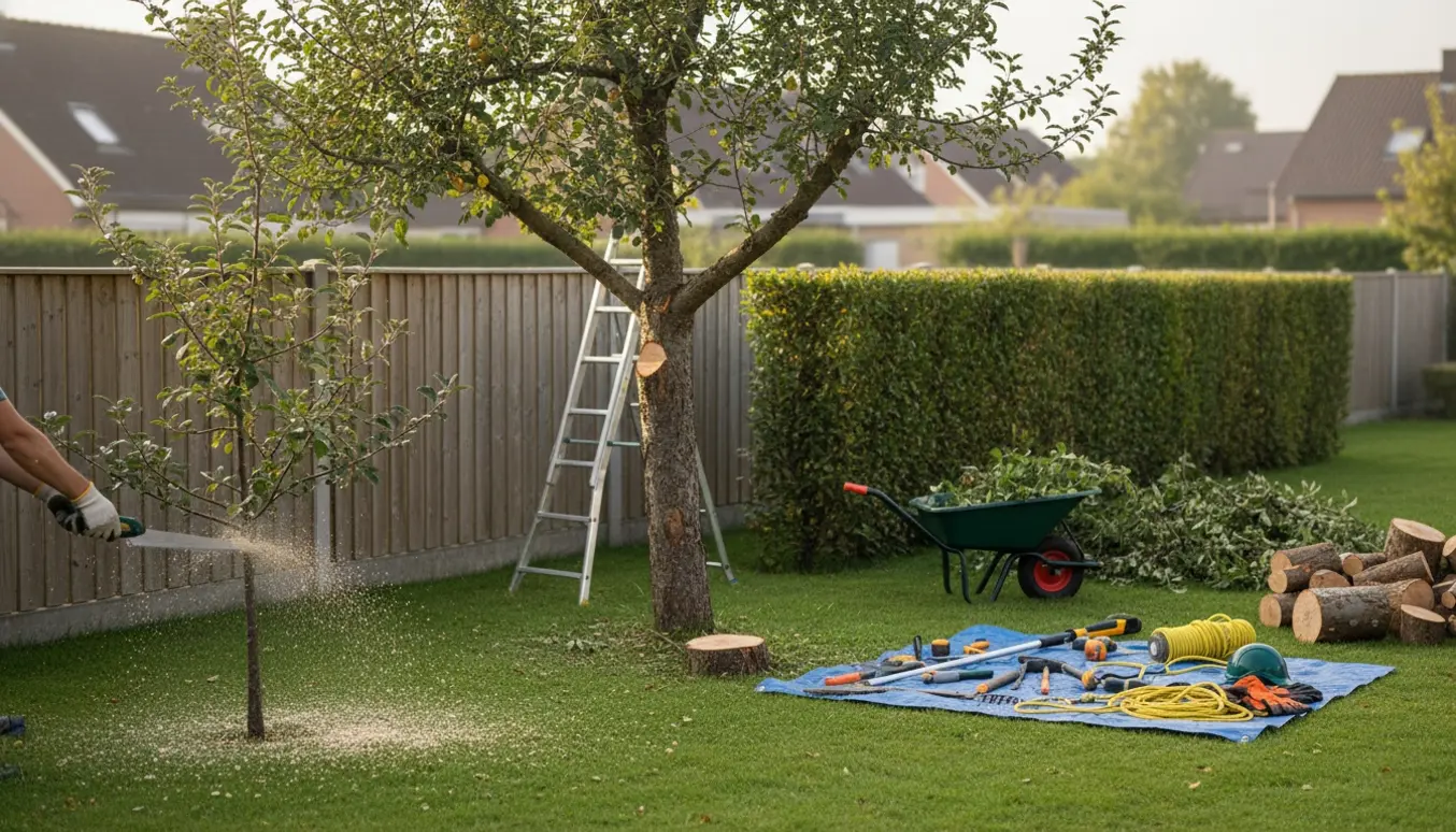 To æbletræer fældes og en hæk er klippet ca. 50 cm i toppen og på siderne med grene og værktøj i haven.