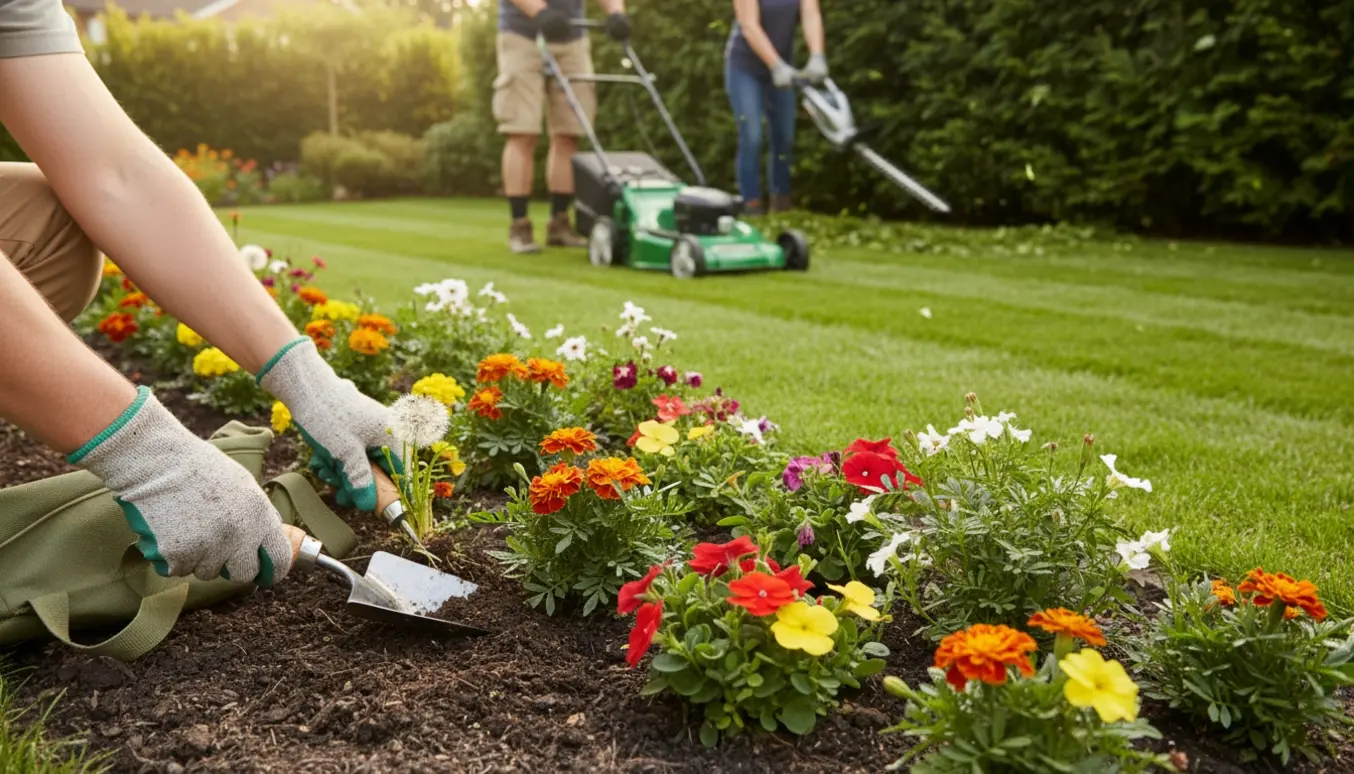 Hækklipning, ukrudtslugning og nyslået græs i en solrig have.