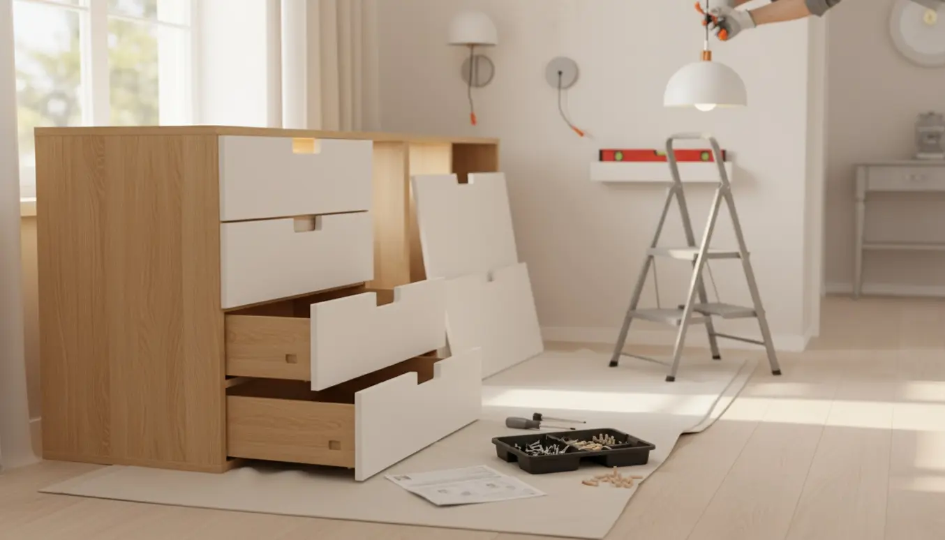 Delvist samlet 5-skuffers kommode ved siden af værktøj, mens hænder monterer loftlampe og væglampe.