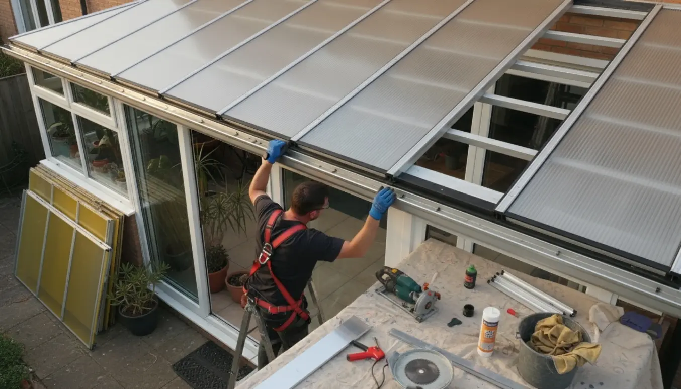 Udestue under renovering med nye termoplader på taget og en håndværker ved tagkanten.