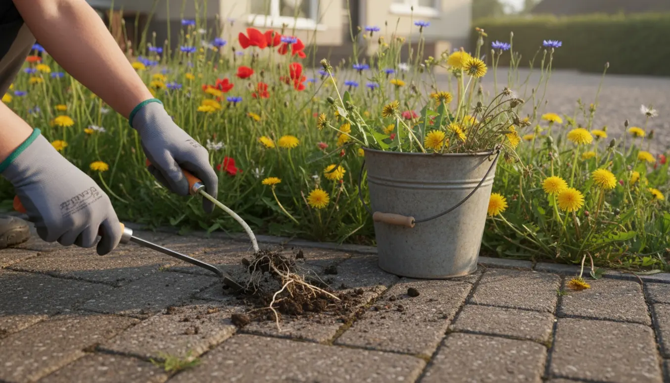 Nærbillede af ukrudtsfjernelse mellem fliser med handsker, værktøj og en forhave med vilde blomster i baggrunden.