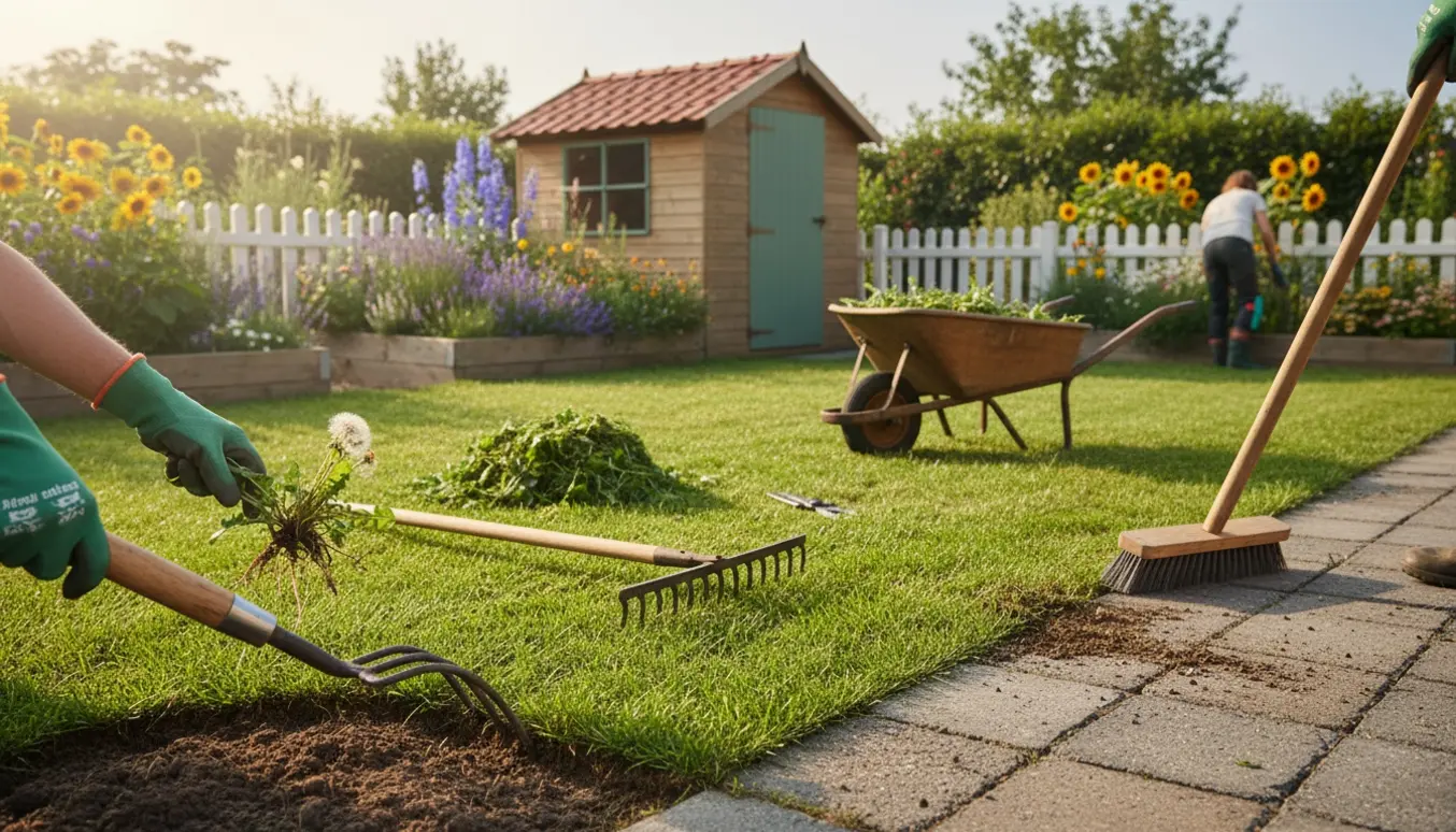 Hyggelig kolonihave hvor græs kanteres, ukrudt luges med greb og fliser fejes.