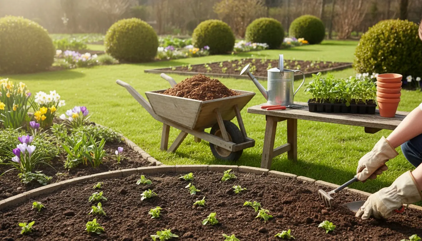 Forårsklargøring af en have med handsker, rive, trillebør og nyplantede spirer i blødt morgenlys.