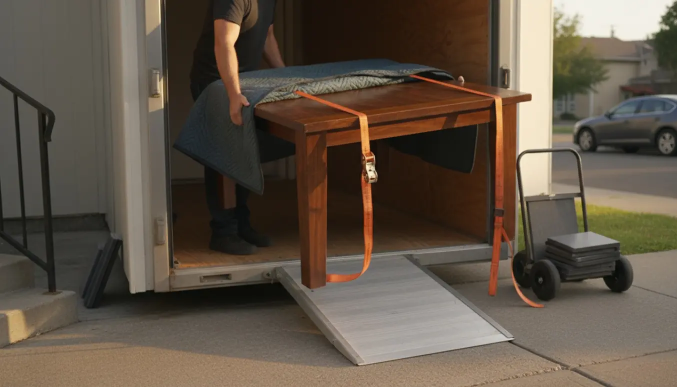 Et tungt spisebord bliver båret fra en lejlighed og ned i en trailer med flyttetæpper og stropper.