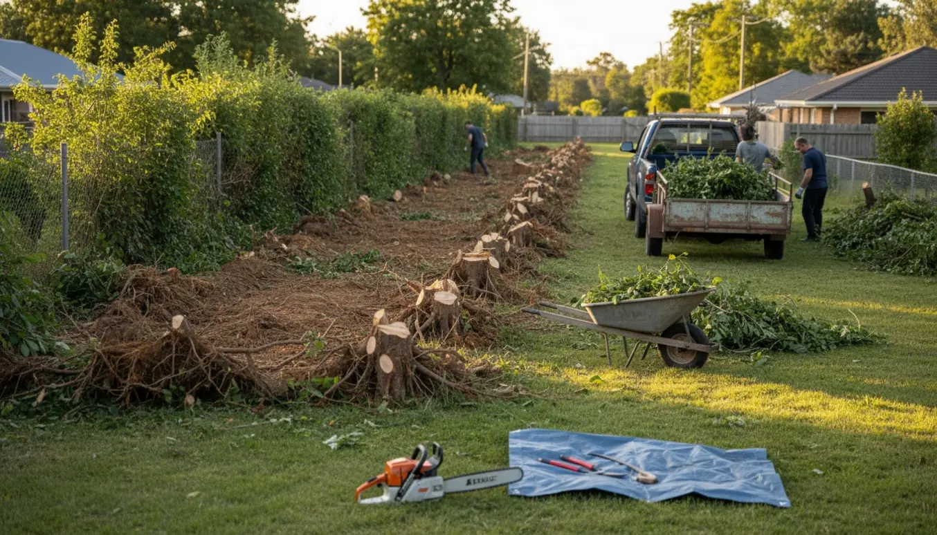 Ryddet hæk langs skel med stubbede rester, bunker af grene og trailer klar til bortkørsel.