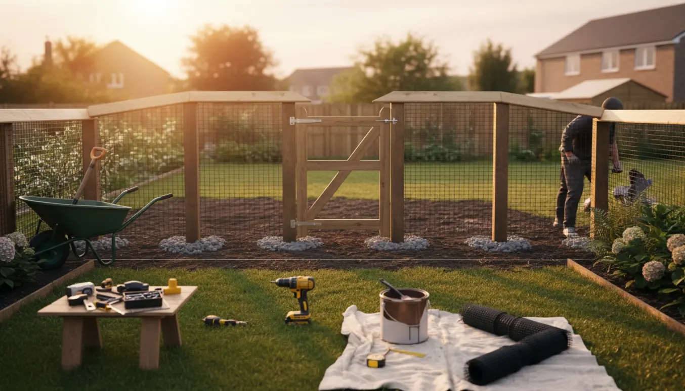 Opsætning af træhegn med pæle, havedør og kattesikret net i en lille baghave.