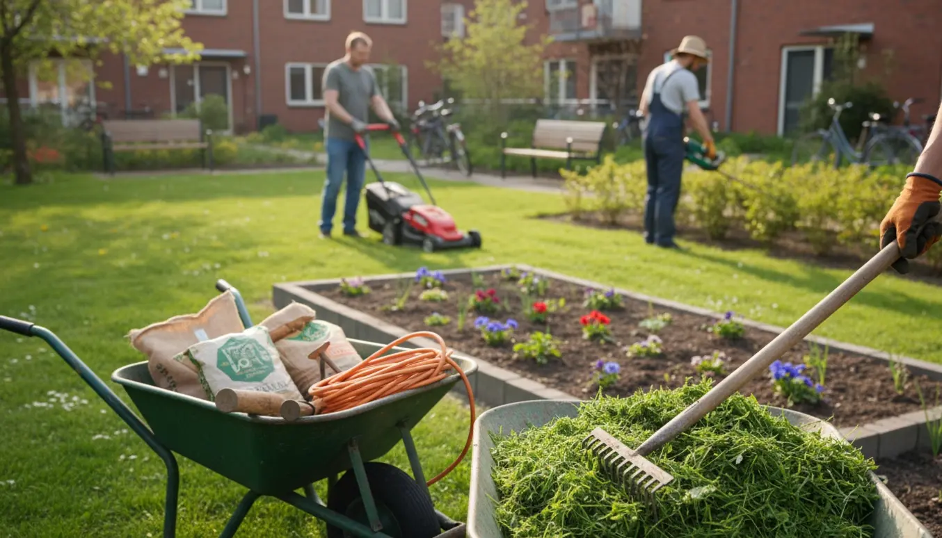 Fælles græsareal i boligforening bliver klippet og ryddet med plæneklipper, rive og trillebør.