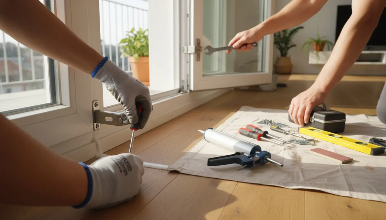 Hænder udfører små tømrerreparationer: monterer haspe ved vindue, fuge ved gulvliste og justerer altandør i en lys lejlighed.