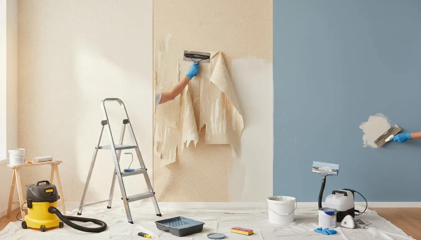 Lejlighed under renovering med fjernelse af savsmuldstapet, spartling og nymalet væg, værktøj og afdækning synligt.