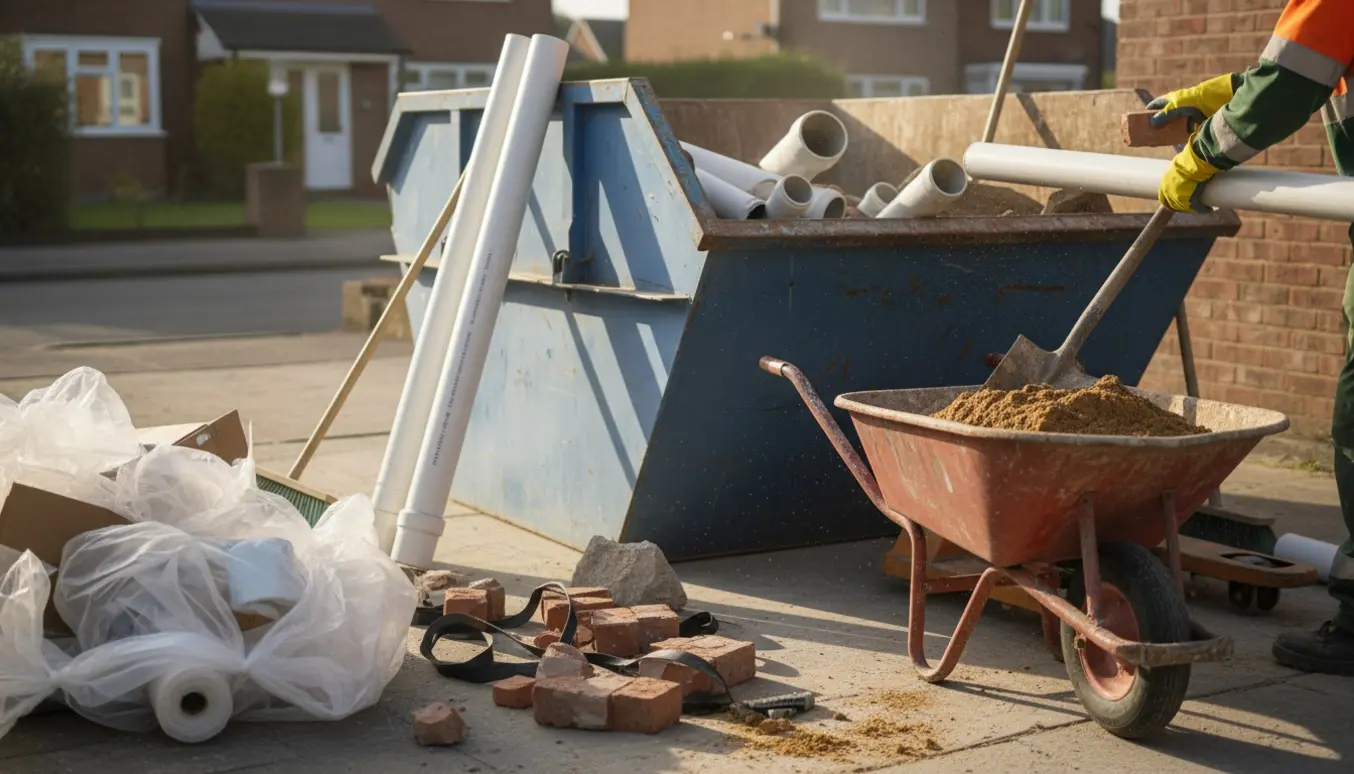 Container fyldt med byggeaffald — kloakrør, sand, plastik og murbrokker på en indkørsel.