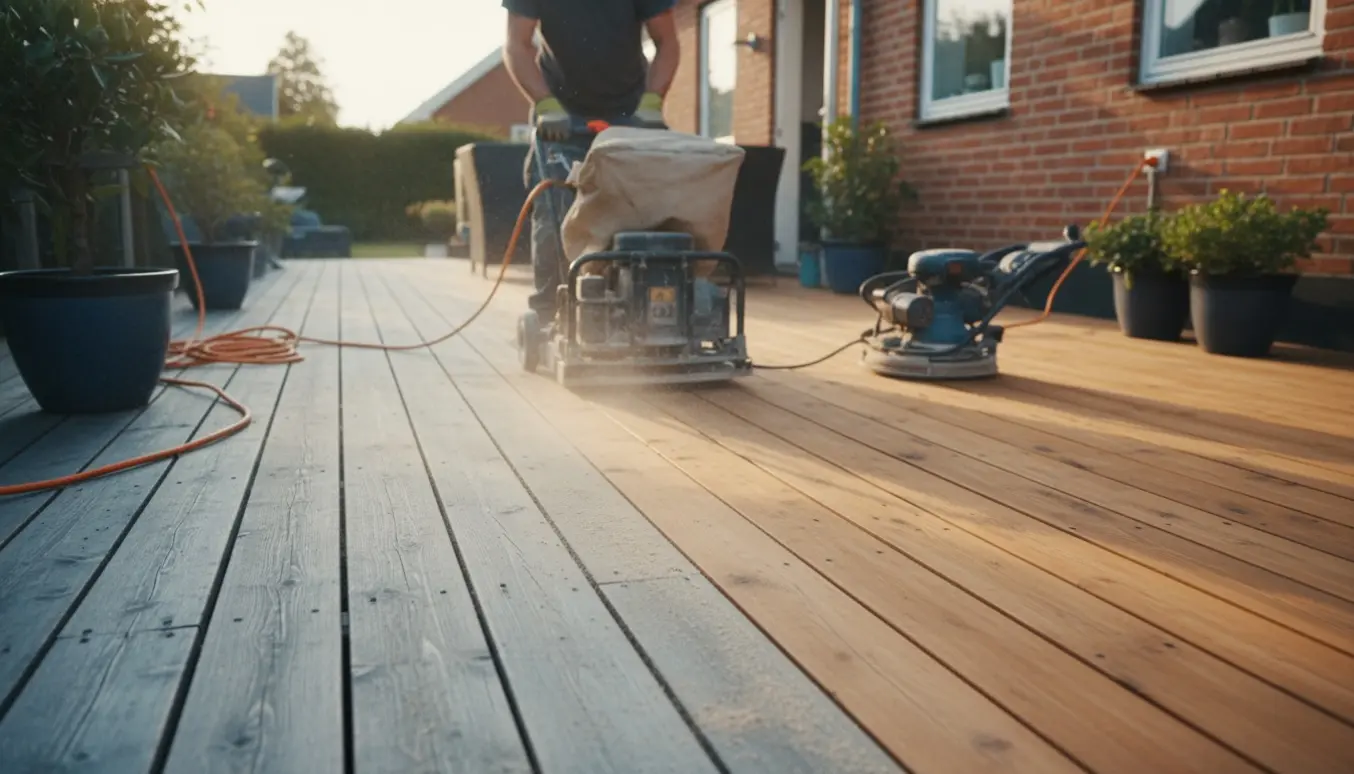 Halvslibet træterrasse i en baghave med en gulvsliber og beskyttelsesudstyr, klar til professionel slibning.