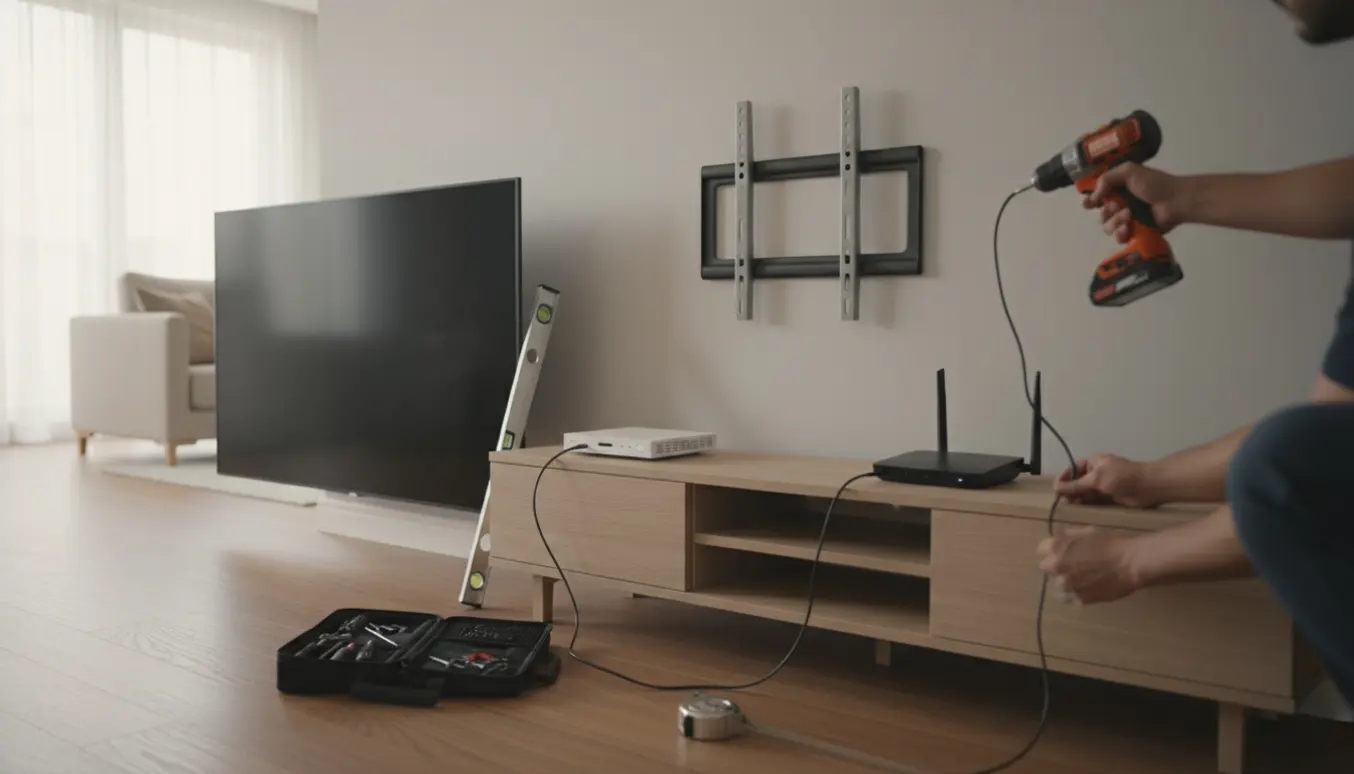 Installatør monterer et nyt fladskærms-tv på væggen i en moderne stue med satellitutstyr og værktøj.