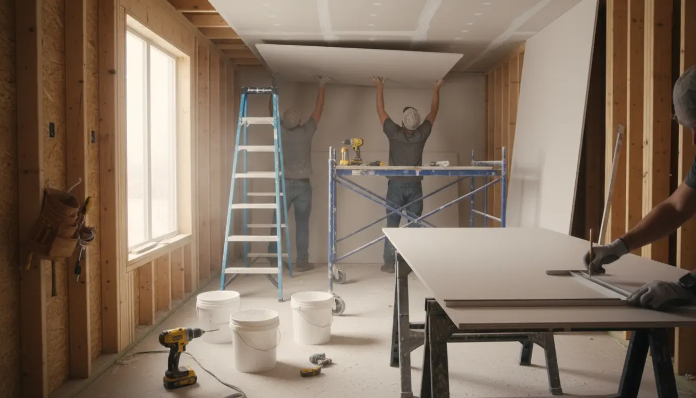 Anonymt team monterer og afmonterer gipsplader i et hjem under renovering.