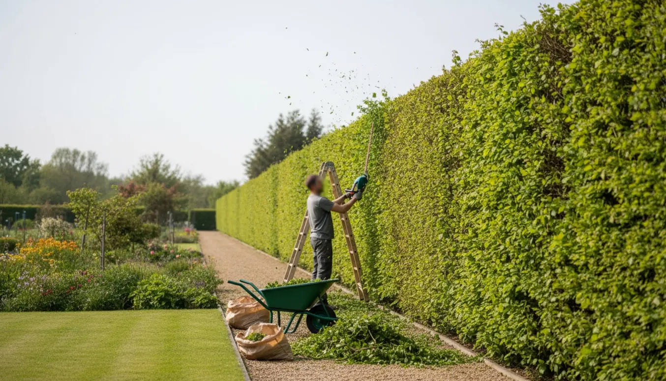 En gartner beskærer en lang bøgehæk i top og på den ene side, med opsamlede klip i trillebør og poser.