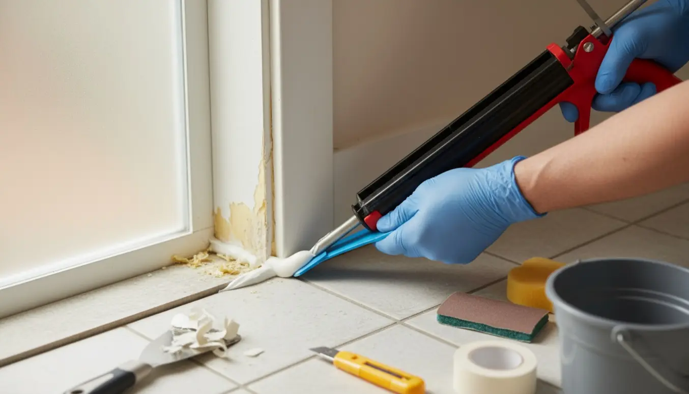 Nærbillede af hænder, der påfører ny fuge på en slidt dørkant i et badeværelse med fugepistol og værktøj.