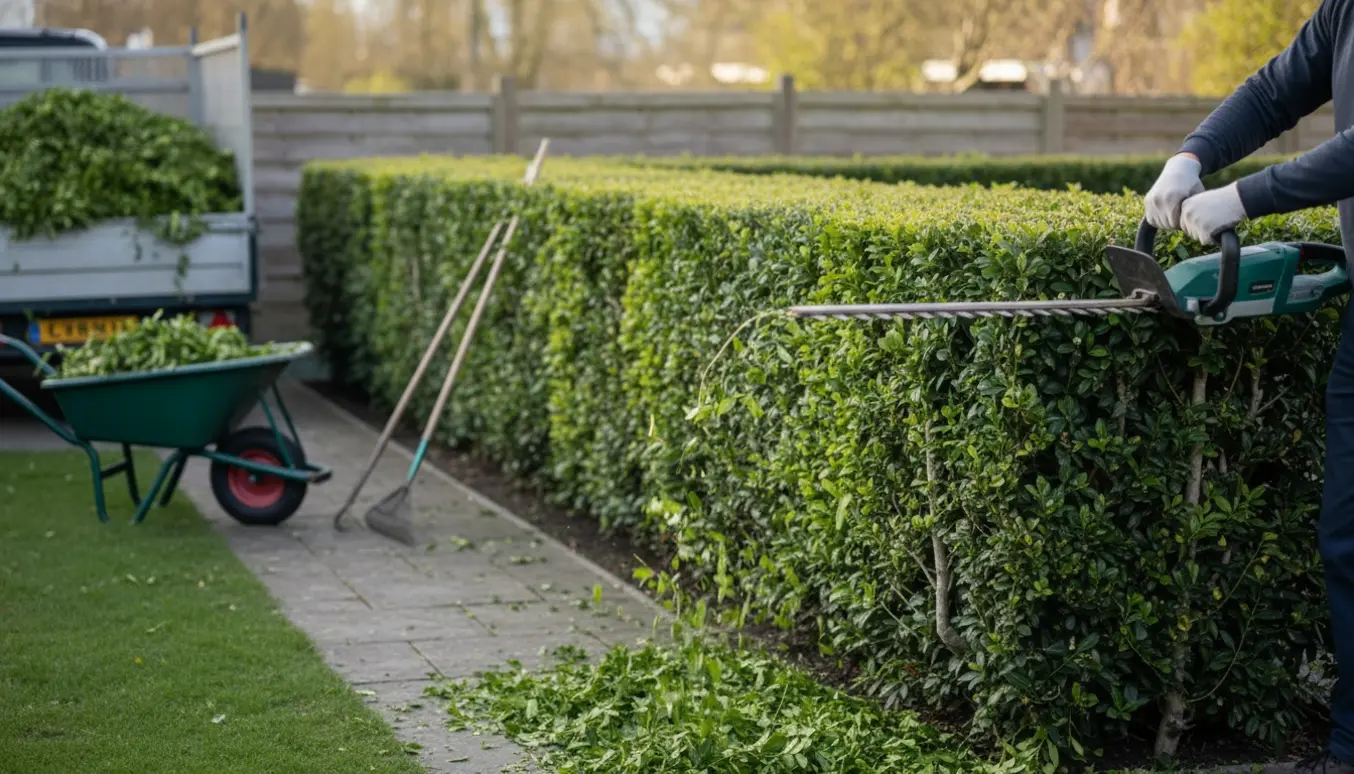 Ligusterhæk trimmes med elektrisk hækkeklipper, afklip i trillebør og trailer klar til bortkørsel.
