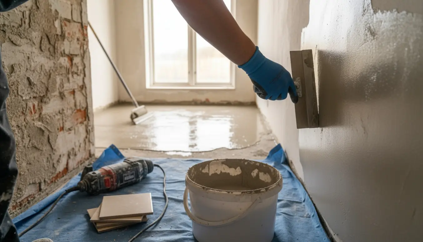Hænder pudser en væg med murske i et lille rum, med fjernede fliser og flydespartel på gulvet.