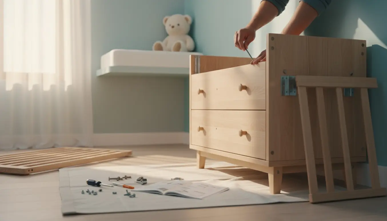 Hænder samler en kommode og babyseng i et lyst børneværelse med værktøj og dele.