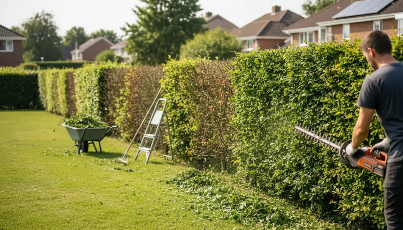 En lang bøgehæk klippes med hækkeklipper, med friske afklip samlet langs hækkens fod.