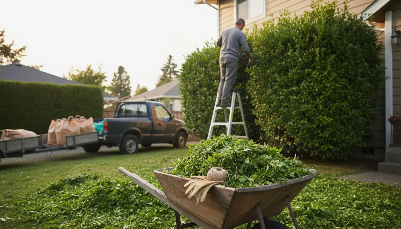 Hæk bliver klippet på en for- og baghave med fyldt trillebør og bundtede haveposer klar til afhentning.