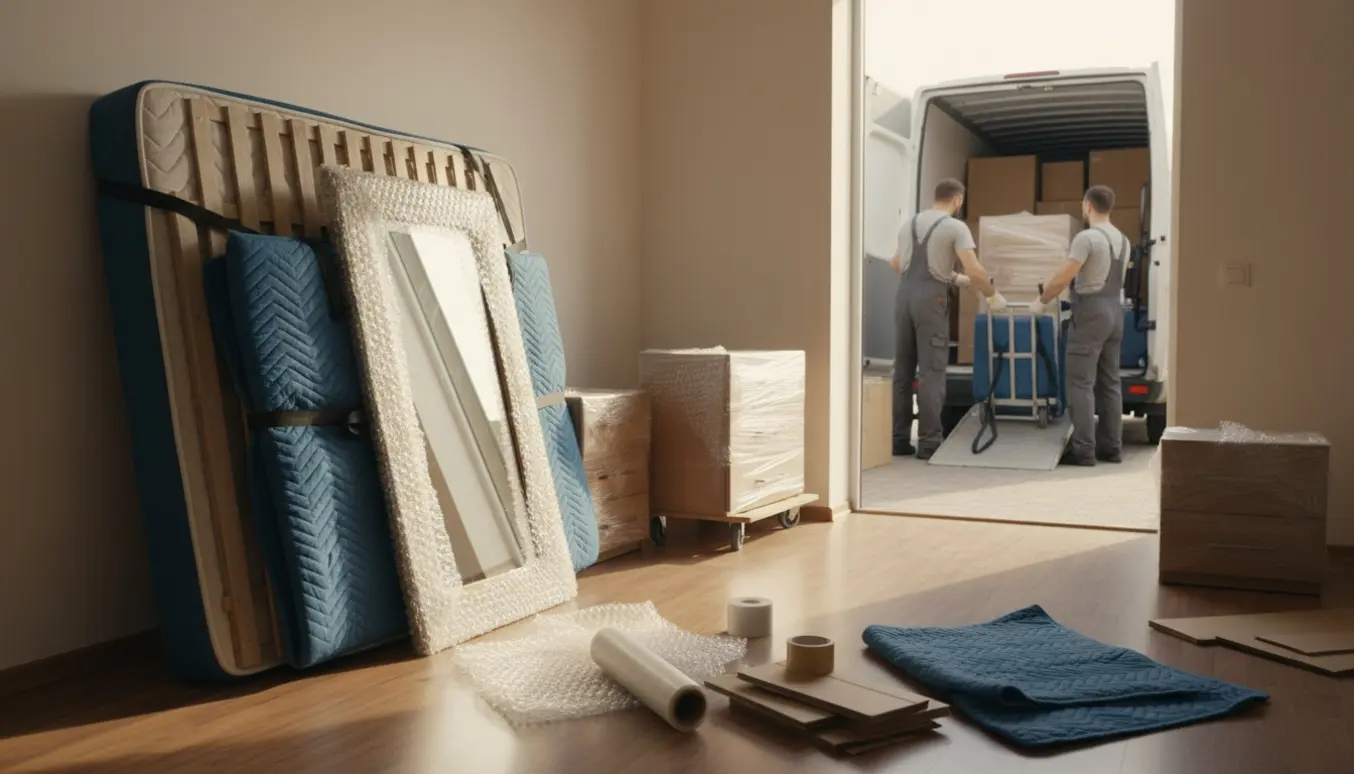 Beskyttede møbler — seng, spejl, kommode og natbord læsses og pakkes til flytning.