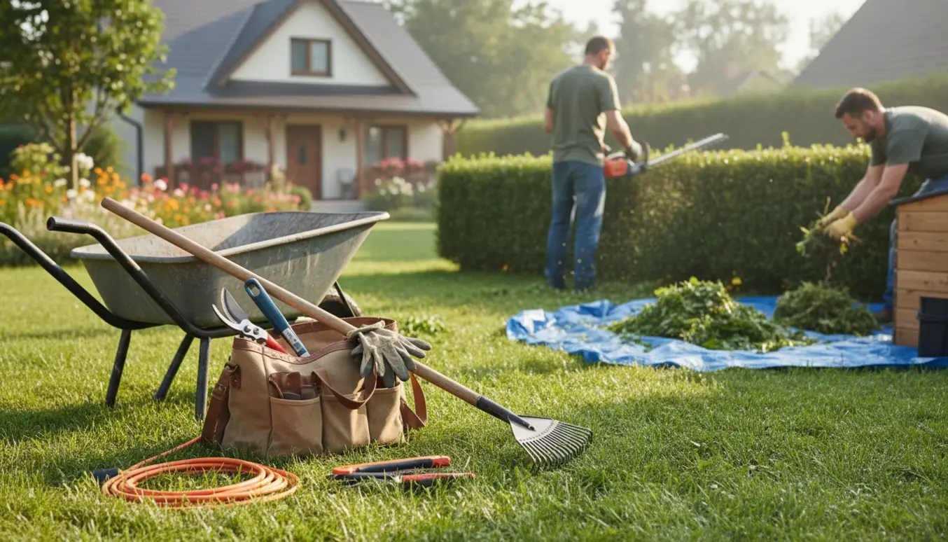 Værktøj og hæk i en soloplyst have, hvor hække klippes og grønt affald samles.