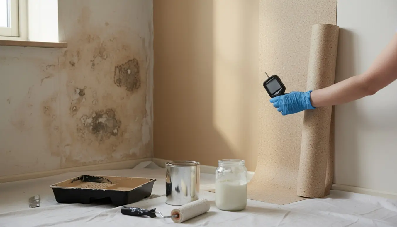 Nærbillede af måling af fugt på en væg med mørke pletter, savmuldstapet klar og en åben malerbøtte med beige maling.