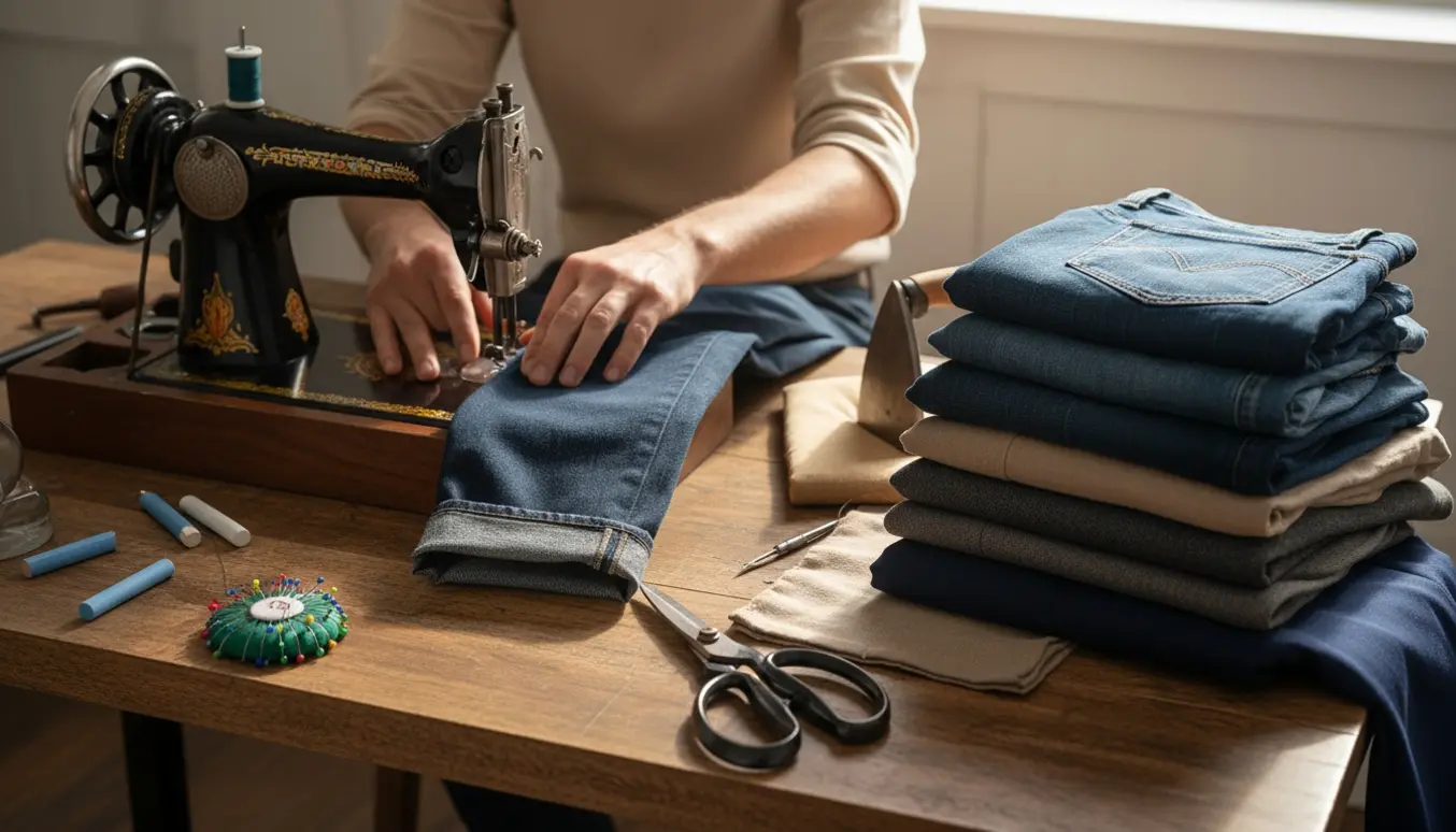 Nærbillede af hænder, der lægger bukser op på en symaskine med tre jeans og flere bukser klar til syning.