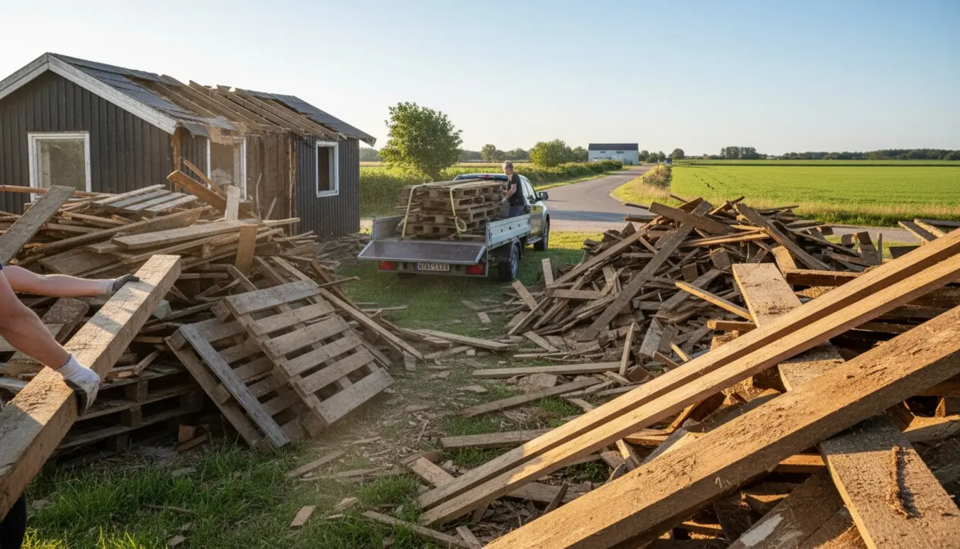 Ladvogn fyldt med træaffald fra et nedrevet sommerhus ved en landlig genbrugsstation.