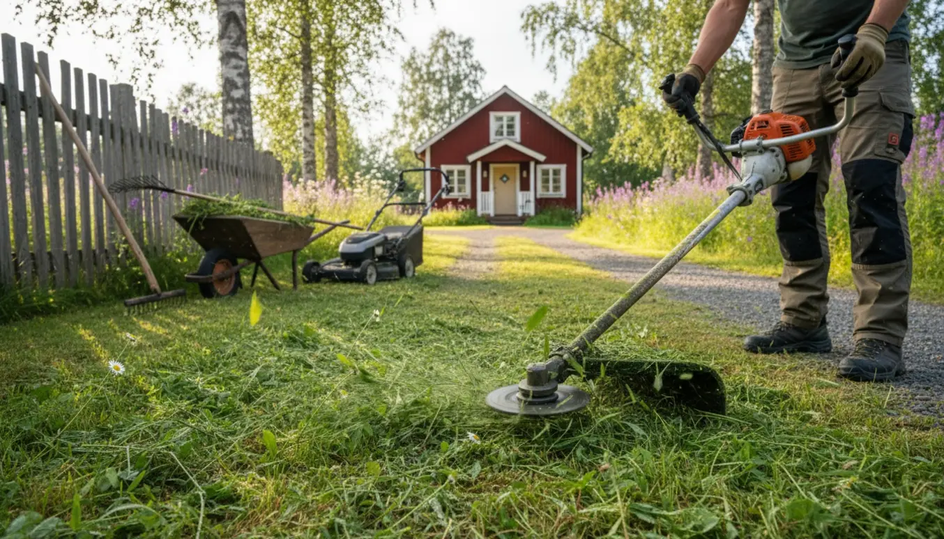 Buskrydder klipper meget højt græs langs indkørslen til et sommerhus, med redskaber og fyldt trillebør i baggrunden.