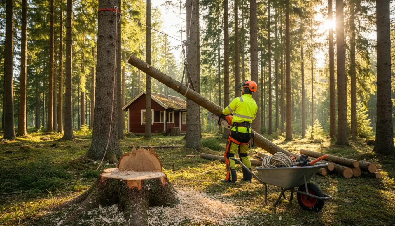Tyndning af høje grantræer ved et sommerhus med kædesav, reb og bunker af skåret træ.