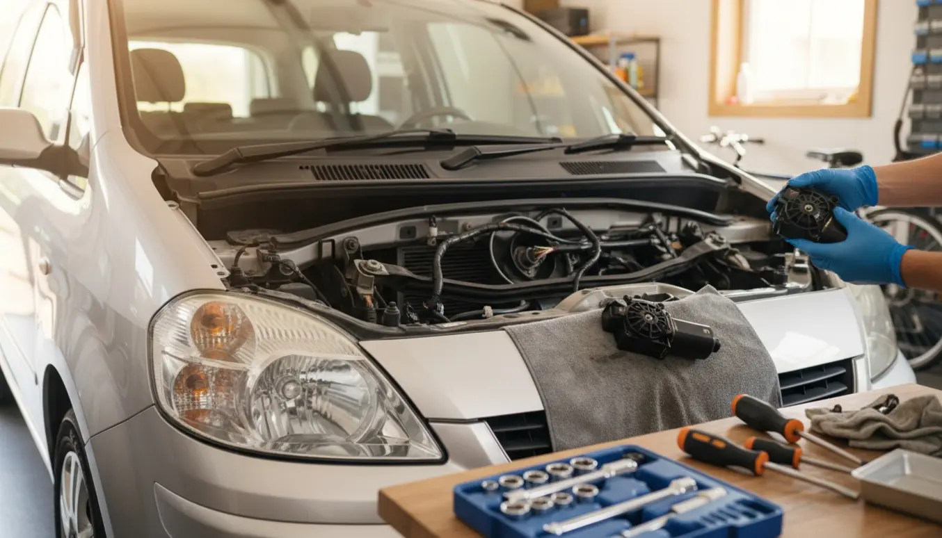 Hænder udskifter viskermotor under forrudens cowl på en 2006 MPV med værktøj og reservedele.