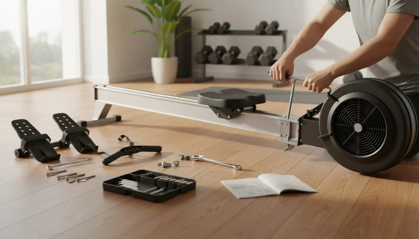 Delvist samlet romaskine i et lyst hjemmegym med værktøj og hænder klar til montering.