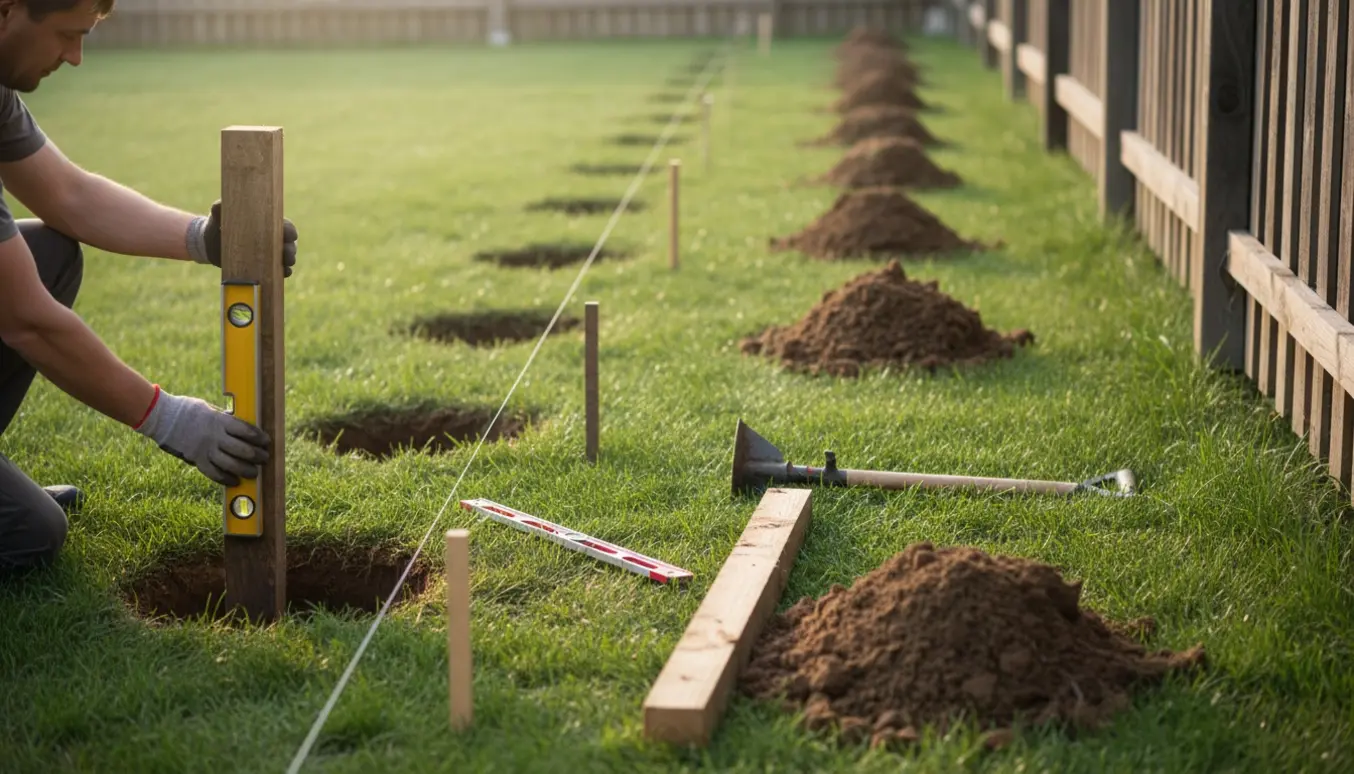 Syv nys gravede huller til 10x10 hegnspæle ved et plankeværk med målesnor og værktøj klar.