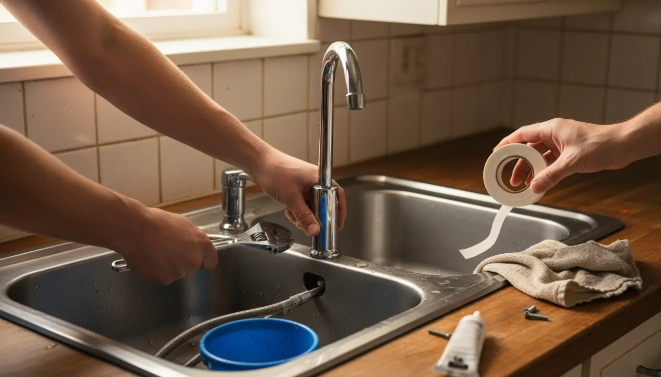Hænder installerer en ny kromvandhane ved en rustik køkkenvask med værktøj og en lille drypbøtte.
