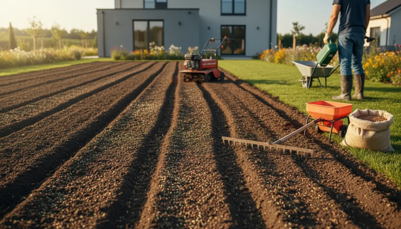 Nyfræset have med planeret jord og nysået græs klar til spiring.