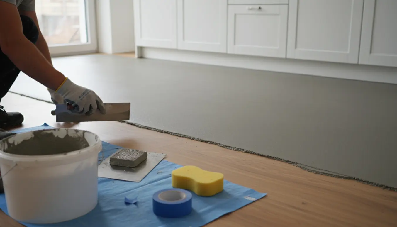 Håndværker pålægger glat microcement på et køkkengulv med værktøj og træunderlag synligt.