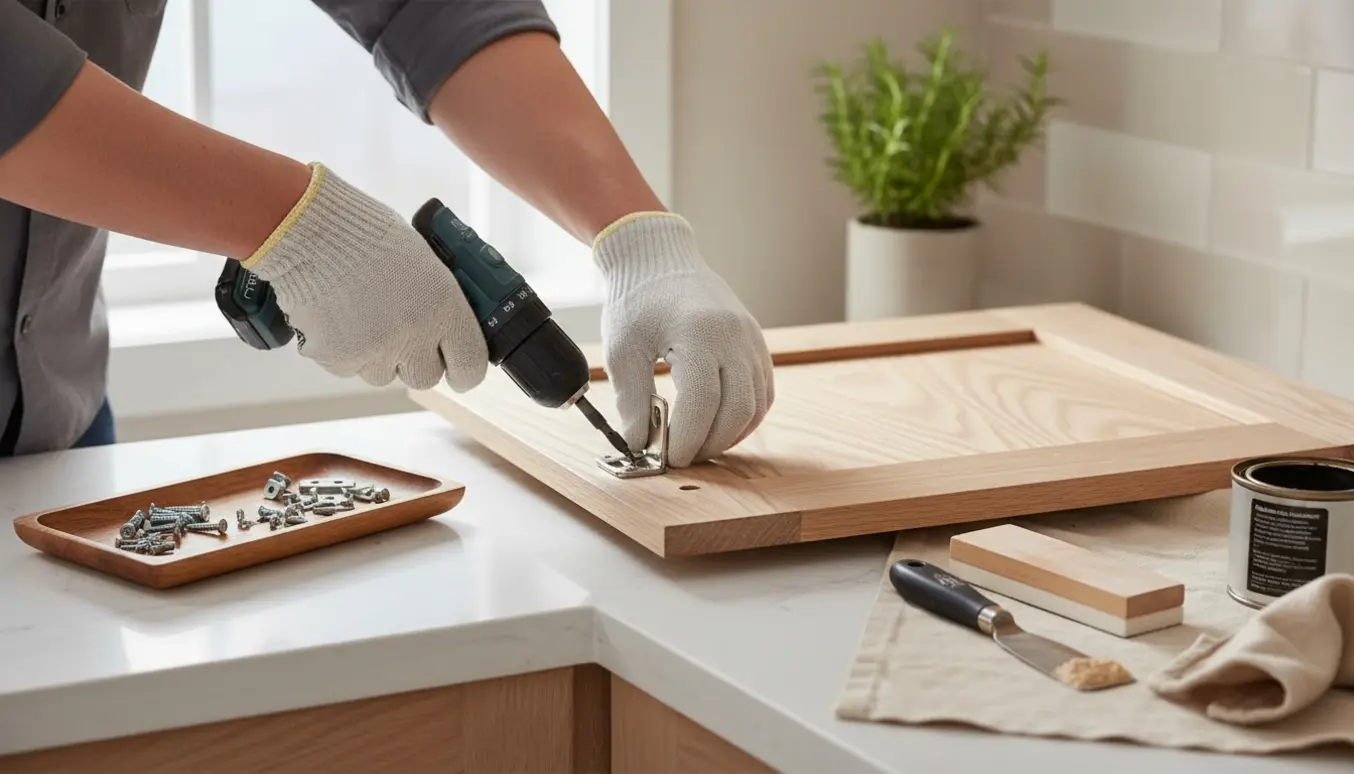 Nærbillede af udskiftning af en køkkenlåge med værktøj og ny låge på køkkenbordet.