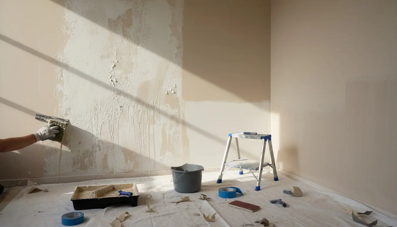 Delvist renset væg med afskrabede kalkmalingrester og frisk malet område ved siden af.