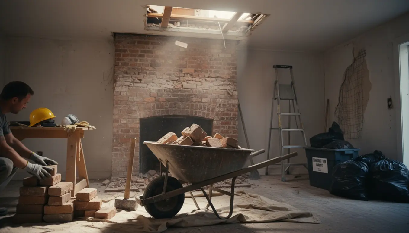 Delvist nedrevet opmuret pejs og skorsten i et rum med murbrokker, trillebør og værktøj klar til bortskaffelse.