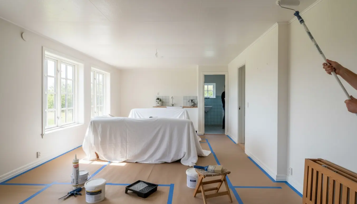Indvendigt sommerhus under maling med hvide vægge, malerværktøj og afdækning.