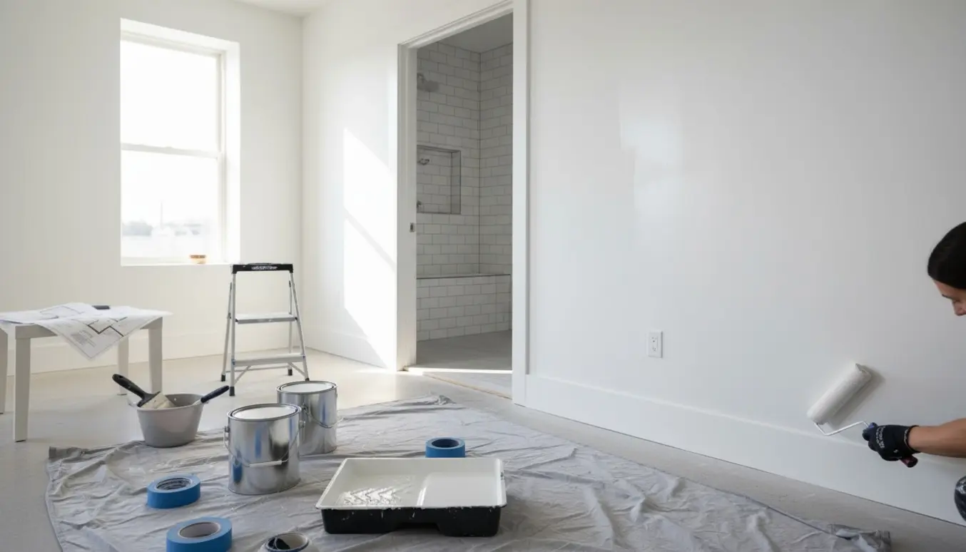 Maleres hænder ruller hvid maling på væg og maler fodpaneler med vådrum i baggrunden.
