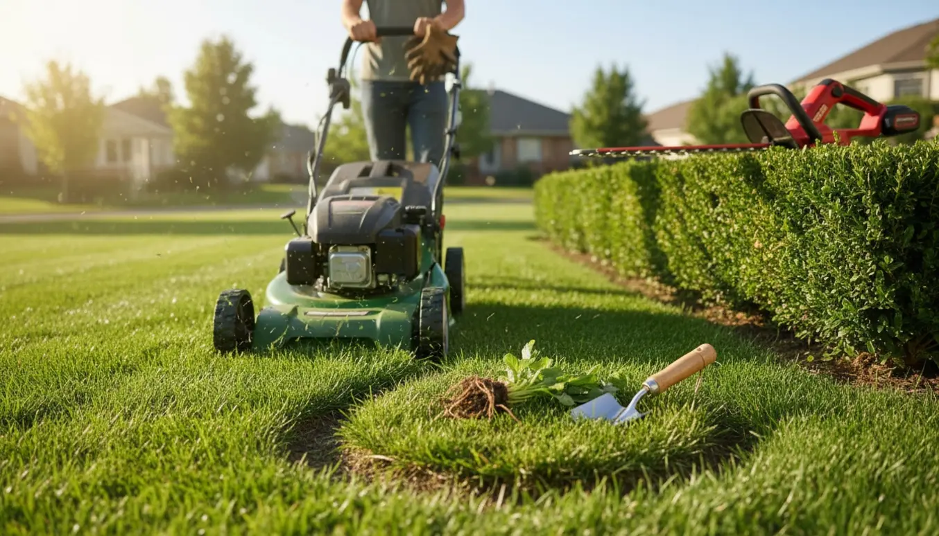 En person slår græs med en plæneklipper, mens en batteridrevet hækkeklipper ligger klar ved en nyslået hæk.